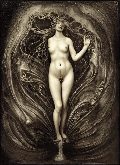 Prompt: old wetplate birth of venus, fractal, intricate, elegant, highly detailed, parallax, leica, medium format, subsurface scattering, by jheronimus bosch and greg rutkowski and louis jacques mande daguerre