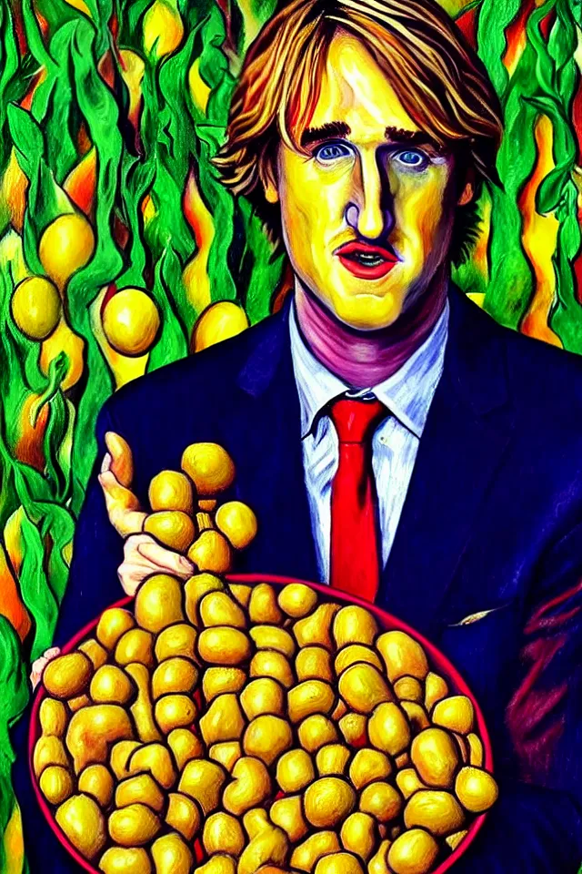 Image similar to bizarre neo - fauvism portrait of owen wilson in a sea of thousands of highly detailed potatos, dramatic cinematic lighting, 8 k, beautiful intricate painting