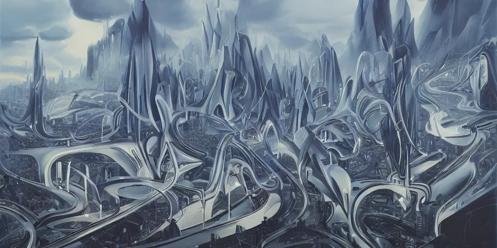 Prompt: a beautiful painting of city landscape, zaha hadid, fantasy, futuristic, by yves tanguy, trending on artstation