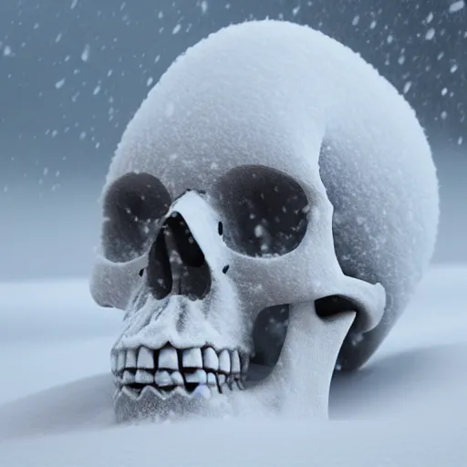 Image similar to skull sculpture covered in snow with a foggy background, 8 k, octane render, realistic, aesthetic