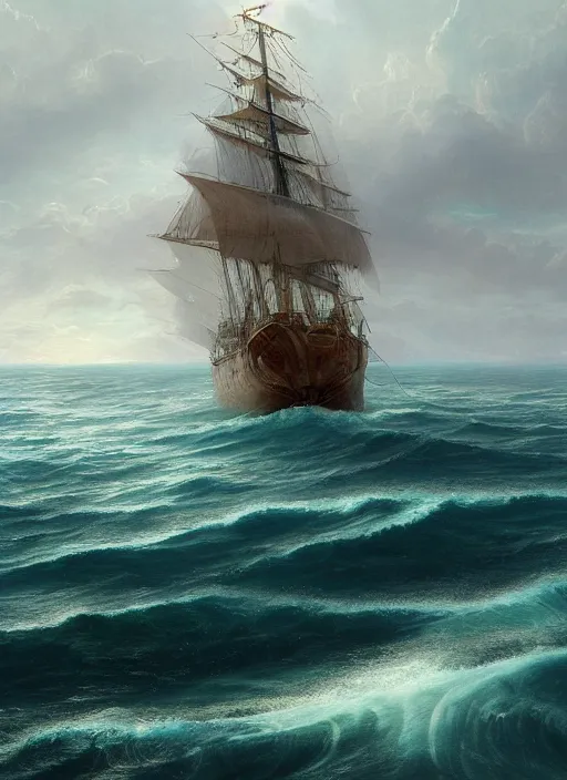 Prompt: painting of a ship in the middle of the ocean, a detailed matte painting by vilhelm lundstrøm, cgsociety, neo - romanticism, chillwave, matte drawing, official art