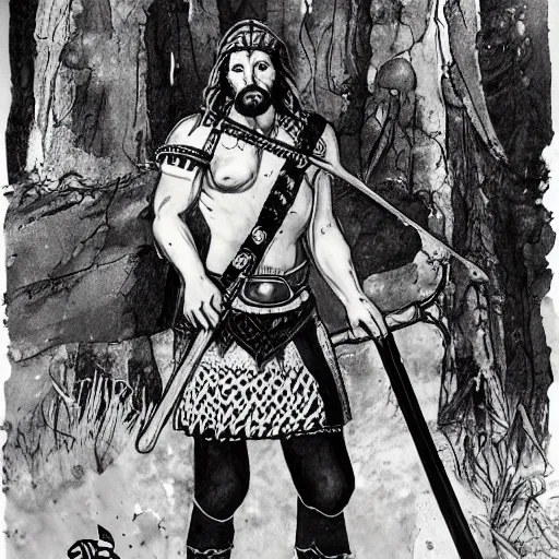 Prompt: full body character design reference art of Eoghaill of the Murine Hordes, a male La Tene Culture Celtic chieftain and warrior, resplendent and proud of bearing, long black hair, hirsute and muscled, wielding a Celtic longsword. Has a rat familiar. high quality, high detail, realistic painting, in the style of: Angus McBride, Rebecca Guay, and Michael William Kaluta. photorealistic light.