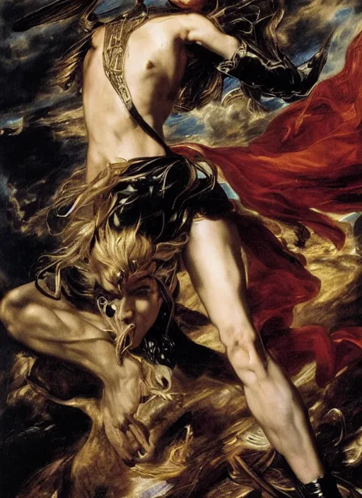 Image similar to , , rachel maddow dressed as black Canary,, Dramatic, Edge, Good, Infused, Backlight, De-Noise, VFX, insanely detailed and intricate, hypermaximalist, facial ,elegant, ornate, hyper realistic, super detailed, by Anthony Van Dyck, by Ivan Shishkin, by John Constable