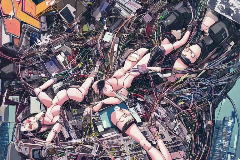 Image similar to cyberpunk anime illustration of a group of female androids lying on an empty white floor in various poses with their bodies open showing a tangled mess of wires and cables coming out, by katsuhiro otomo and masamune shirow, hyper-detailed, colorful, beautiful, bird view