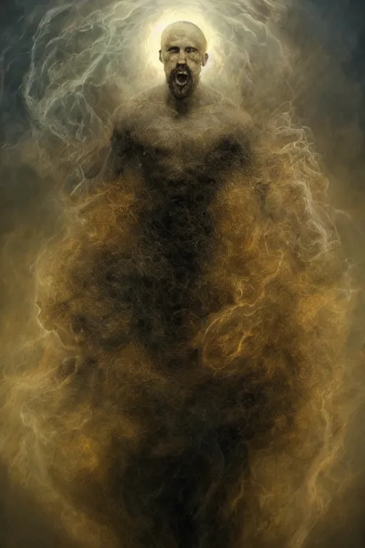 Image similar to Intricate stunning highly detailed portrait of a rugby player by agostino arrivabene and Vladimir Kush, surreal, digital painting, ultra realistic, Horror vacui, dramatic lighting, full moon, thick black swirling smoke tornado, burning fire embers, artstation