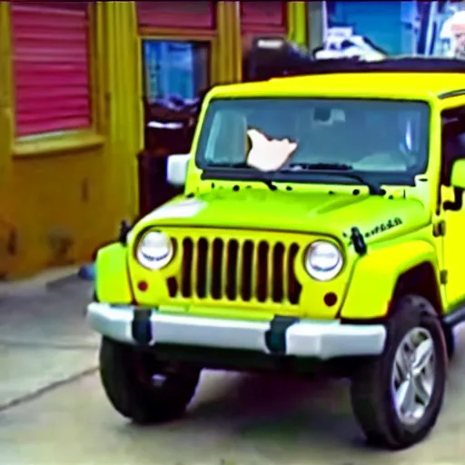 Image similar to cctv footage of spongebob stealing a jeep wrangler, high quality, high resolution