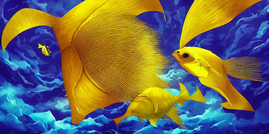 Image similar to giant yellow angelfish swimming through a sea made of big puffy clouds, large polygonal background elements, large polygons, dramatic anime, dramatic lighting, artgerm, manga, trending on artstation, art nouveau, mature colors