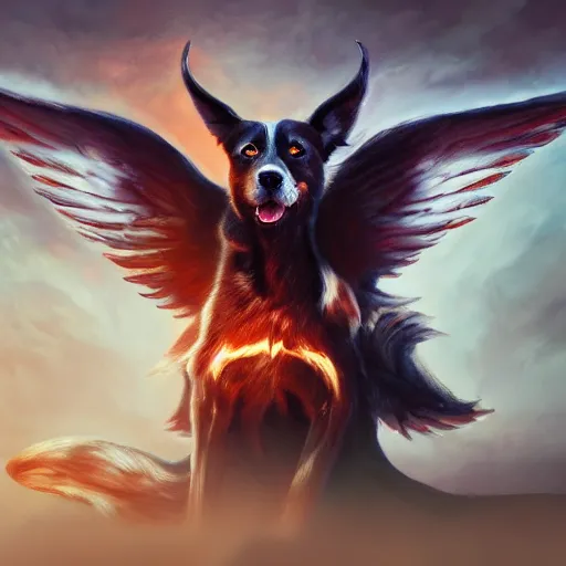 Prompt: an oil painting of a dog with demon wings, hd, hdr, ue 5, ue 6, unreal engine 5, cinematic 4 k wallpaper, 8 k, ultra detailed, high resolution, artstation, award winning