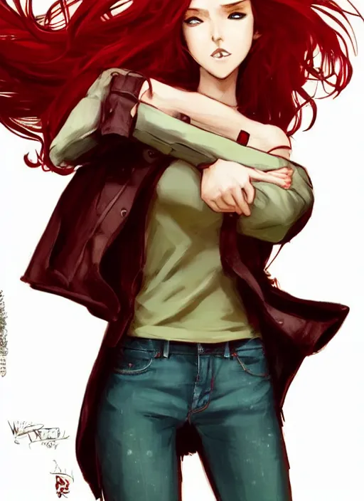 Prompt: full-body shot of an attractive tomboy girl with long, crimson red hair and red eyes, wearing a brown, open jacket and green jeans with a stern look, midriff, concept art, character design, by WLOP, by Ross Draws, by Tomine, by Satoshi Kon, by Rolf Armstrong