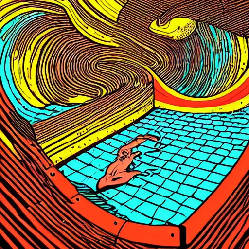 Image similar to colorful digital art, mcbess illustration, a portal to another world, opened in the middle of a swimming pool