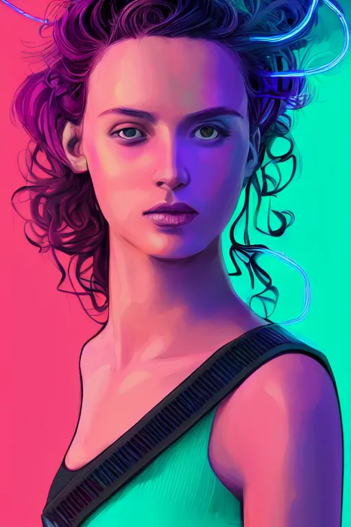 Image similar to a award winning half body portrait of a beautiful woman with stunning eyes in a croptop and cargo pants with ombre purple pink teal hairstyle and hands in pockets by thomas danthony, surrounded by whirling illuminated lines, outrun, vaporware, shaded flat illustration, digital art, trending on artstation, highly detailed, fine detail, intricate