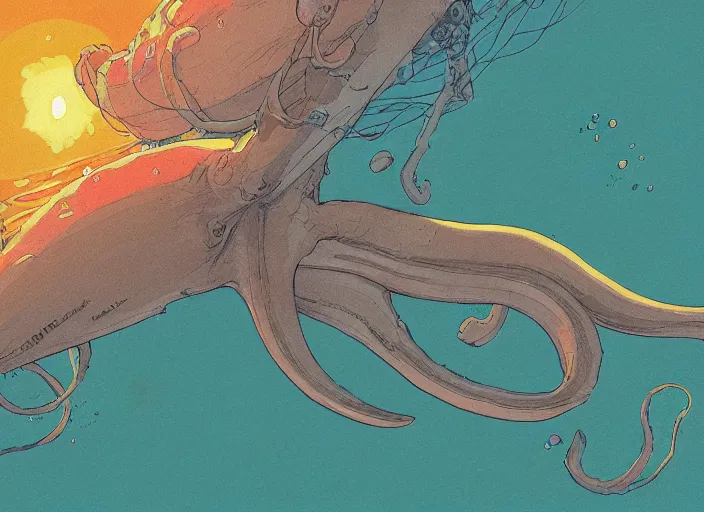 Image similar to a study of cell shaded cartoon of a giant squid underwater, road, illustration, wide shot, subtle colors, post grunge, concept art by josan gonzales and wlop, by james jean, Victo ngai, David Rubín, Mike Mignola, Laurie Greasley, highly detailed, sharp focus, alien, Trending on Artstation, HQ, deviantart, art by artgem