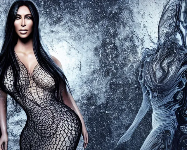 Prompt: epic full body shot still of kim kardashian unconscious wearing a black lace dress trapped in a transparent alien liquid, wet flowing hair, gooey skin, illustration, unreal engine 5, 8 k, made by h. r. giger.