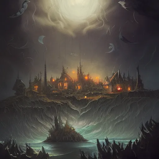 Prompt: Detailed Exterior Shot of Stormy Nightmare Evil Stormy!!! Rundetårn, light of hell, moonlight shafts, flock of birds, moody grim atmosphere, in Style of Peter Mohrbacher, cinematic lighting