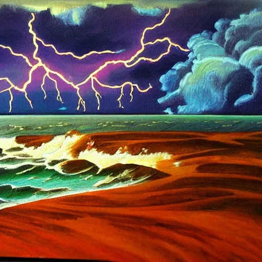 Image similar to a painting of a landscape panorama of a cozy seaside village with a menacing lightning storm on the ocean horizon, vivid colors, by anthony micallef by camille rose garcia,