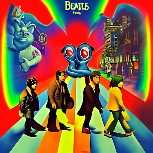 Prompt: boglins on the beatles album cover, 8 k resolution hyperdetailed surrealism