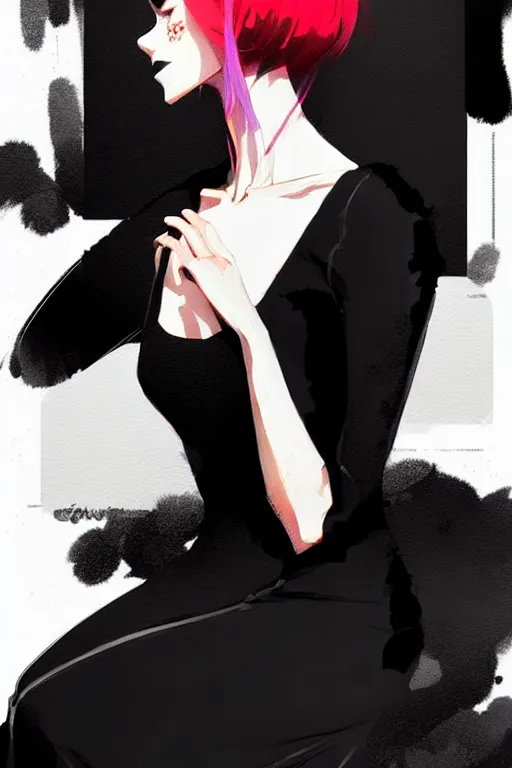 Image similar to a ultradetailed beautiful panting of a stylish woman in a black dress sitting, by conrad roset, greg rutkowski and makoto shinkai trending on artstation