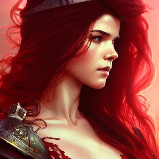 Image similar to beautiful Marie Avgeropoulos as The Red Queen, Blodreina, sci-fi, closeup, D&D, fantasy, intricate, elegant, highly detailed, digital painting, artstation, concept art, matte, sharp focus, illustration, art by Artgerm and Greg Rutkowski and Alphonse Mucha