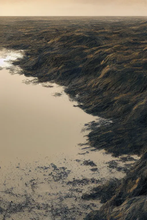 Prompt: muddy river leads to sea by hiroshi yoshida, marc simonetti, roger deakins, turner, rothko, hyperrealism, cinematic, rock plateau, dramatic stormy scene, sunset, matte painting, fluid simulation, tonalism, volumetric light, trending on artstation, 8 k high detail concept art, top view, rendered in octane