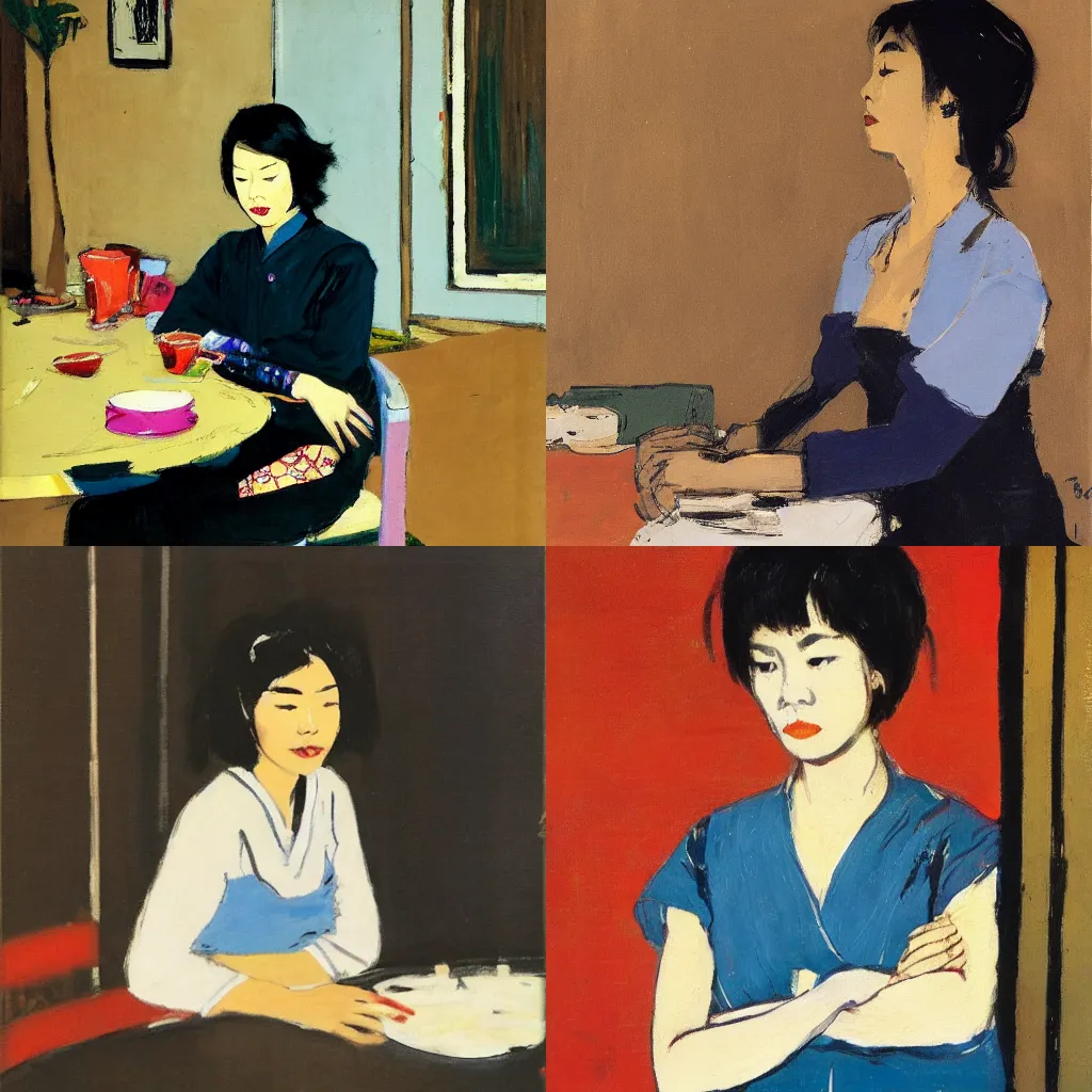 Prompt: asian woman leaning on table, milt kobayashi