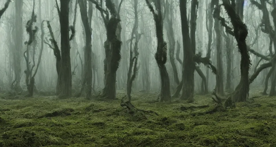 Prompt: an extremely detailed cinematic movie shot of a creepy foggy forest with twisted trees, mossy ground, filled with will-o-the-wisps in the style of tim burton