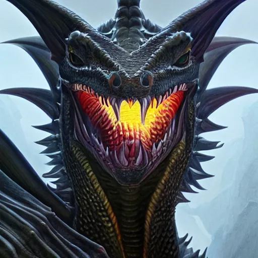 Image similar to Perfectly-Centered Portrait of a Dragon, super highly detailed, professional digital painting, artstation, concept art, smooth, sharp focus, no blur, no dof, extreme illustration, Unreal Engine 5, Photorealism, HD quality, 8k resolution, cinema 4d, 3D, beautiful, cinematic, art by artgerm and greg rutkowski and alphonse mucha and loish and WLOP