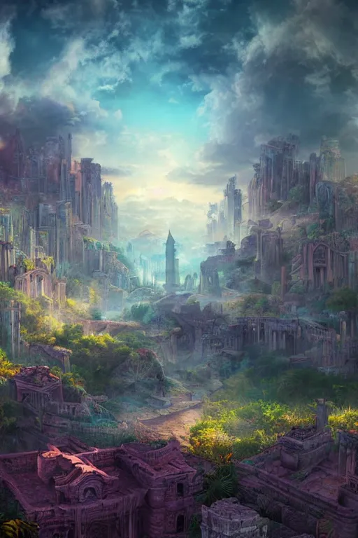 Image similar to beautiful matte painting vaporwave, fantasy ruins skyline background painted, intricate, volumetric lighting, beautiful, rich deep colors masterpiece, sharp focus, ultra detailed by