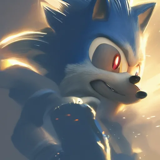 Image similar to portrait of Sonic the Hedgehog dramatic lighting, illustration by Greg rutkowski, yoji shinkawa, 4k, digital art, concept art, trending on artstation