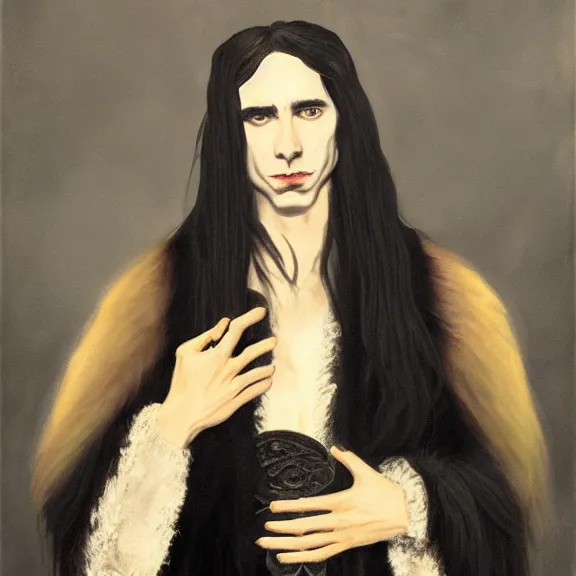 Prompt: long black hair handsome vampire lord wearing fur lined coat, portrait, oil on canvas, atmospheric, field of depth, fantasy, grim, dark, trending on artstation