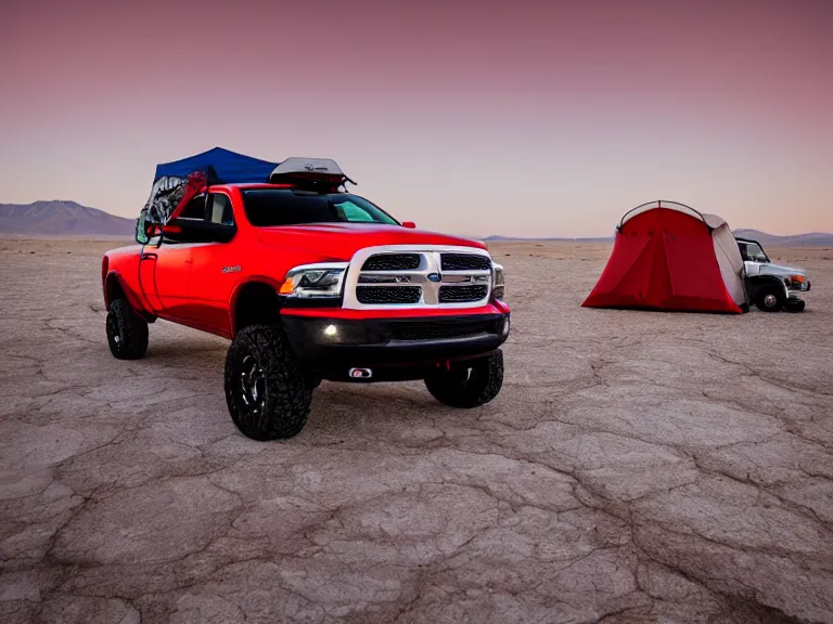 Prompt: dodge ram red power wagon with a roof top tent camping on dry lake night, long exposure, milky way, award winning, cinematic