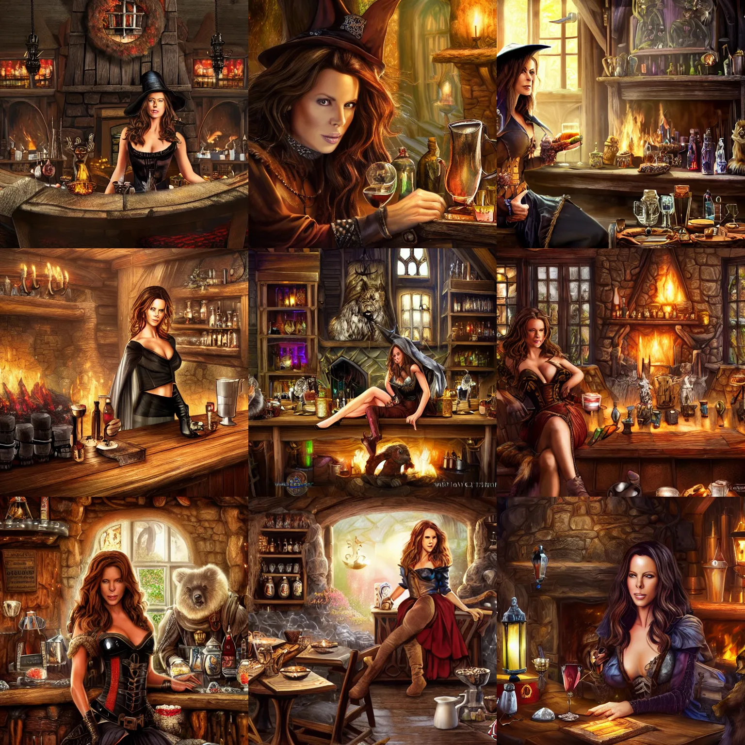 Prompt: kate beckinsale as witch, sit in fantasy tavern near fireplace, behind bar deck with bear mugs, medieval dnd, colorfull digital fantasy art, 4k