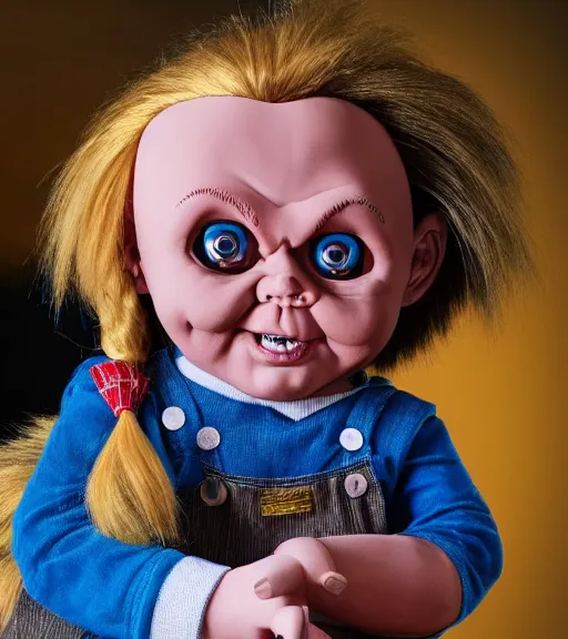 Prompt: doll chucky with the face of a prominent person