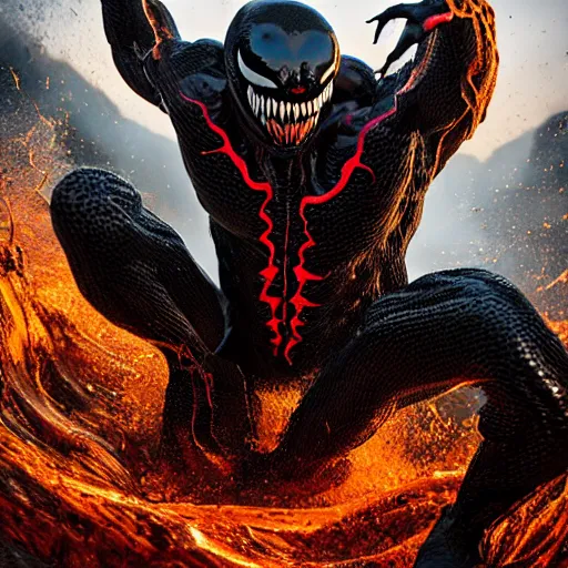 Image similar to full body pose, hyperrealistic photograph of venom, dim volumetric lighting, 8 k, octane beautifully detailed render, extremely hyper detailed, intricate, epic composition, cinematic lighting, masterpiece, trending on artstation, very very detailed, stunning, hdr, smooth, sharp focus, high resolution, award, winning photo, dslr, 5 0 mm