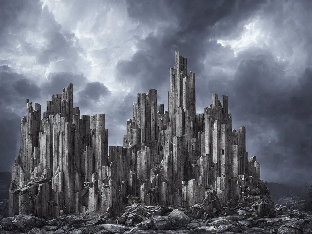 Image similar to photo of a brutalist symmetric cathedral built over a rocky hill, in the middle of a storm. realistic clouds. impressive, magical, very atmospheric, cinematic, stunning, masterpiece, romantic, justin gerard, paul bonner, cover photo, very detailed. 4 k