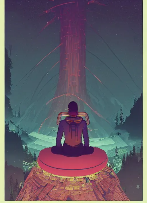 Image similar to an indie game poster of a translucent cyberpunk explorer meditating on an ancient platform in the middle of a dense forest, midnight, risograph by ghostshrimp, kawase hasui, josan gonzalez, jean giraud, moebius, colourful flat surreal design, in the style of oxenfree, super detailed, a lot of tiny details