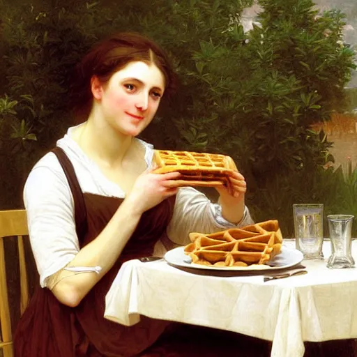 Prompt: american eating waffles with coffee, by bouguereau