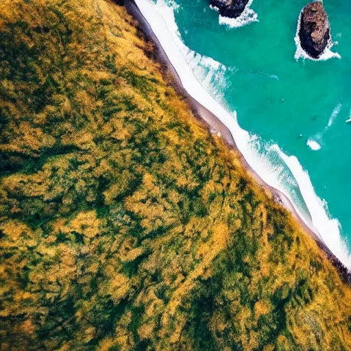 Image similar to nature landscape, aerial view, drone photography, cinematic, mountains and ocean