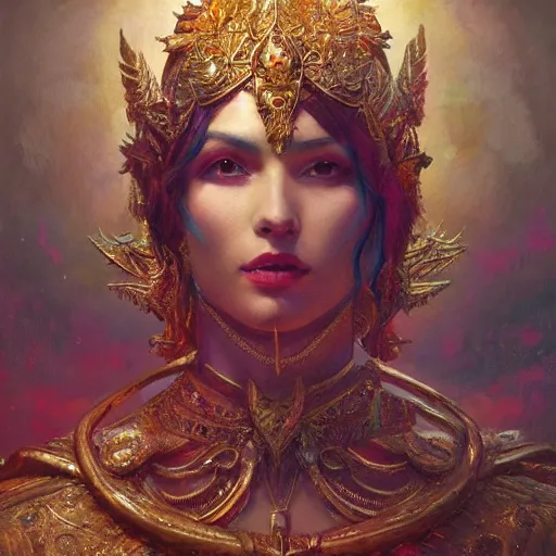 Image similar to artstation concept of a cruel godess, bright colorful, gold, hyperdetailed, artstation trending, world renowned artists, worth1000.com, historic artworks society, antique renewel, cgsociety, by greg rutkowski, by Gustave Dore, Deviantart