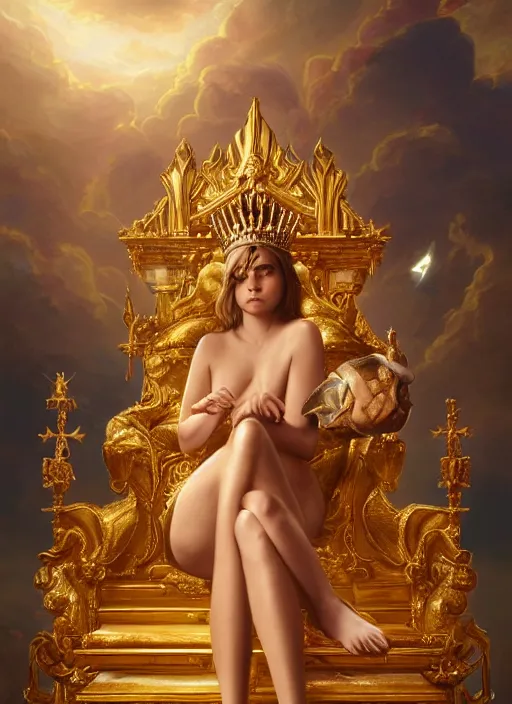Prompt: cute chubby cara delevingne as a heavenly queen sitting on a golden throne, anatomy, bathed in light, highly detailed, photorealistic, artstation, smooth, sharp focus, illustration, unreal engine 5, 8 k, art by artgerm and greg rutkowski and edgar maxence
