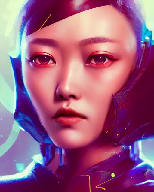 Image similar to detailed portrait Rinko Kikuchi, solarpunk futuristic utopia, scifi android, starry long hair, by Darren Bartley, Wojtek Fus ,Frederic Bennett, Perfect face, fine details, realistic shaded, fine-face, pretty face