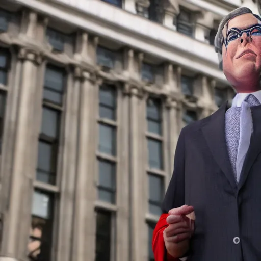 Prompt: giant Jeb Bush looking triumphant at camera, standing over city