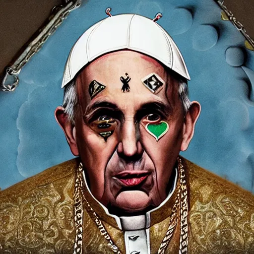 Prompt: pope with face tattoos wearing gold chain, hip hop album art,