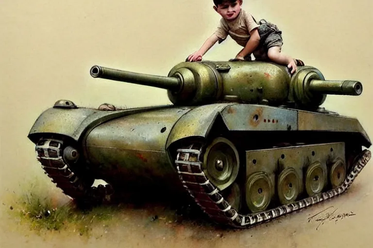 Prompt: (((((1950s boy and his toy retro army tank . muted colors.))))) by Jean-Baptiste Monge !!!!!!!!!!!!!!!!!!!!!!!!!!!