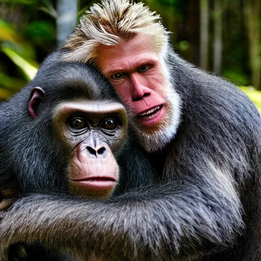 Image similar to stunning award winning hyperrealistic hdr 8 k highly detailed photo of garry busey fighting an ape, combat, fight, aggression