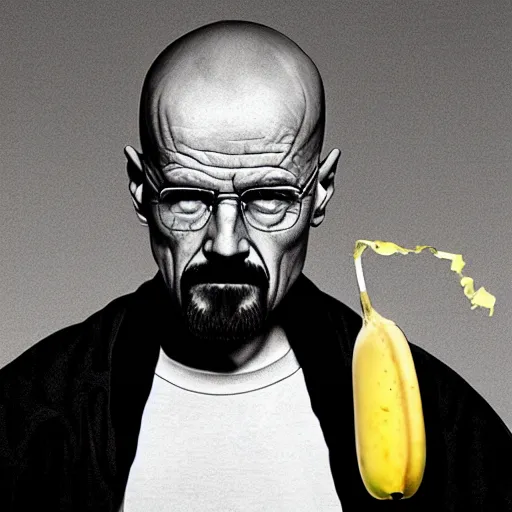 Image similar to Walter white eating a banana, poster, dramatic