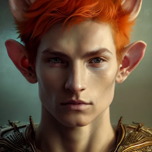 Image similar to portrait painting of an elven young man with short light orange hair and tribal tattoos on cheekbones wearing fur armor, ultra realistic, concept art, intricate details, eerie, highly detailed, photorealistic, octane render, 8 k, unreal engine. art by artgerm and greg rutkowski and charlie bowater and magali villeneuve and alphonse mucha