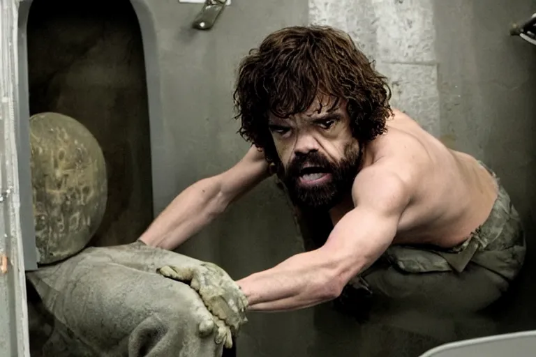 Image similar to peter dinklage climbing out of a toilet, movie still, from the new toxic avenger movie, 8 k, realistic