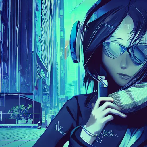 Image similar to Frequency indie album cover, luxury advertisement, blue filter, blue and black colors. Clean and detailed post-cyberpunk sci-fi close-up schoolgirl in asian city in style of cytus and deemo, blue flame, relaxing, calm and mysterious vibes, by Tsutomu Nihei, by Yoshitoshi ABe, by Ilya Kuvshinov, by Greg Tocchini, nier:automata, set in half-life 2, Matrix, GITS, Blade Runner, Neotokyo Source, Syndicate(2012), dynamic composition, beautiful with eerie vibes, very inspirational, very stylish, with gradients, surrealistic, dystopia, postapocalyptic vibes, depth of field, mist, rich cinematic atmosphere, perfect digital art, mystical journey in strange world, beautiful dramatic dark moody tones and studio lighting, shadows, bastion game, arthouse