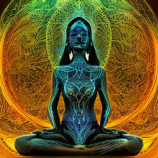 Prompt: glowing cracks, elven princess, meditating, peaceful, levitating, powerful, blossoming, lotus pose, zen, glowing, fractal background, ascending, detailed, realistic, digital art, fantasy, trending on artstation, cinematic, movie clip, visionary art, intricate pattern, subtle pattern, detailed texture, fractal texture, flowing, engraved texture, sacred geometry pattern, symmetry, perfect, perfect face, facial beauty, pretty, attractive, by peter morhbacher, dmt temple, godlike, pearlescent, matte painting, highly detailed painting