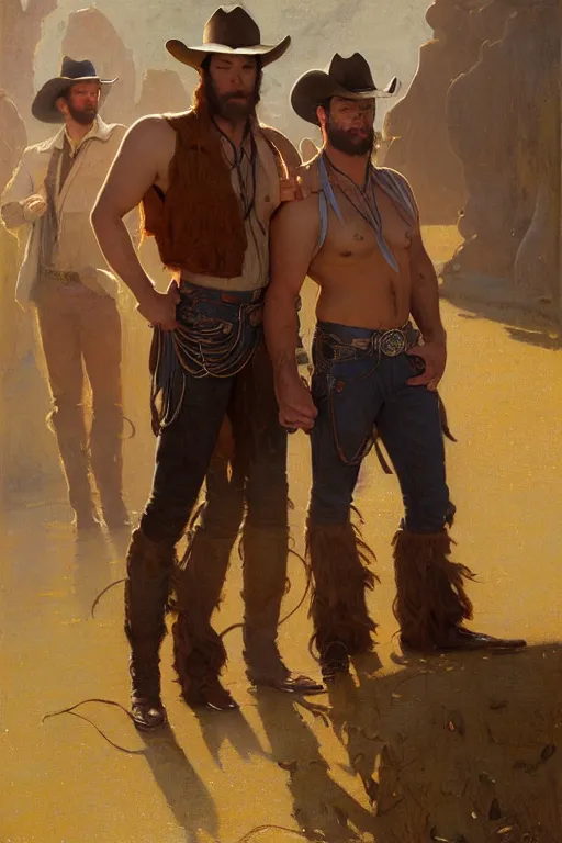 Prompt: a homoerotic symmetrical painting by clyde aspevig, greg rutkowski, gaston bussiere, j. c. leyendecker of attractive hairy gunslinger and handsome cowboy, they are in love standing back to back | bandoliers, shirtless, leather clothing | natural lighting, path traced, highly detailed, high quality, trending on artstation